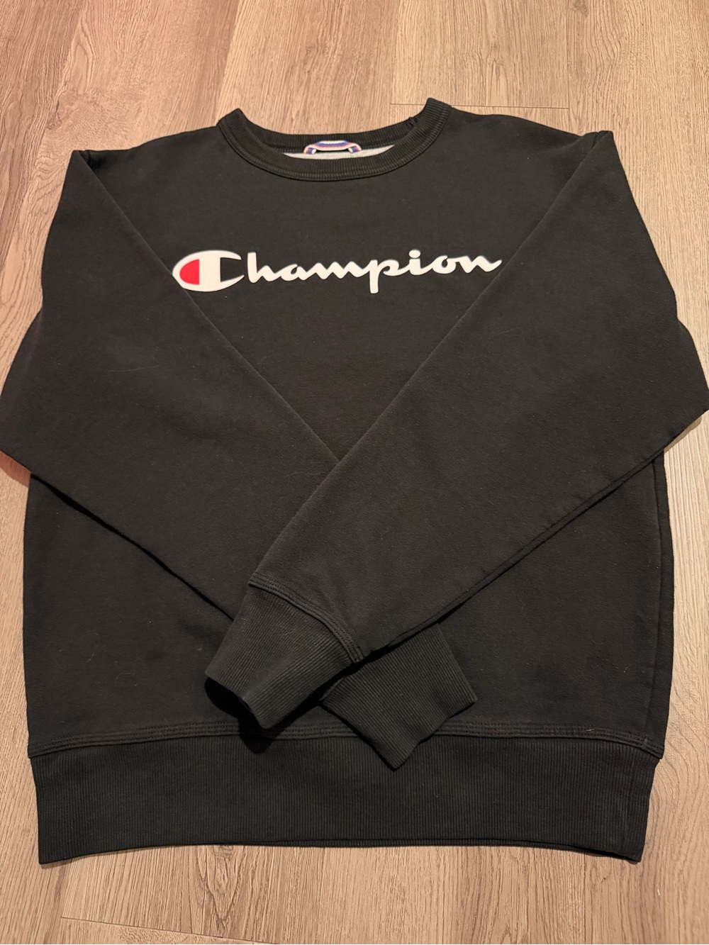 Champion Black Crewneck Sweatshirt with White Logo and Red Accent